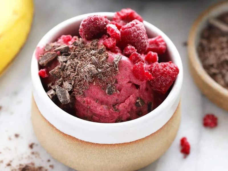 Raspberry Chocolate Chunk Nice Cream with Frozen Bananas