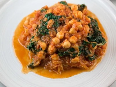 Za'atar Chickpea Kale Tomato Sauce with Roasted Spaghetti Squash