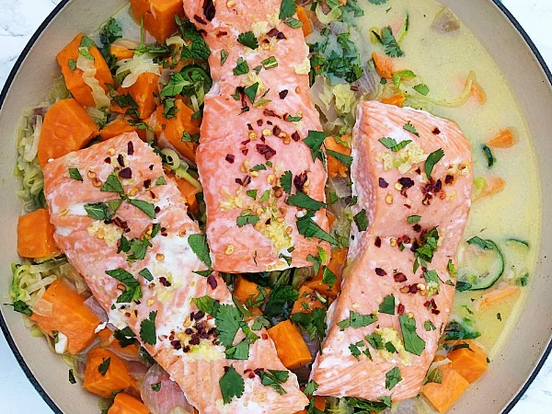 Coconut Salmon Zucchini Noodle Bowl with Sweet Potato