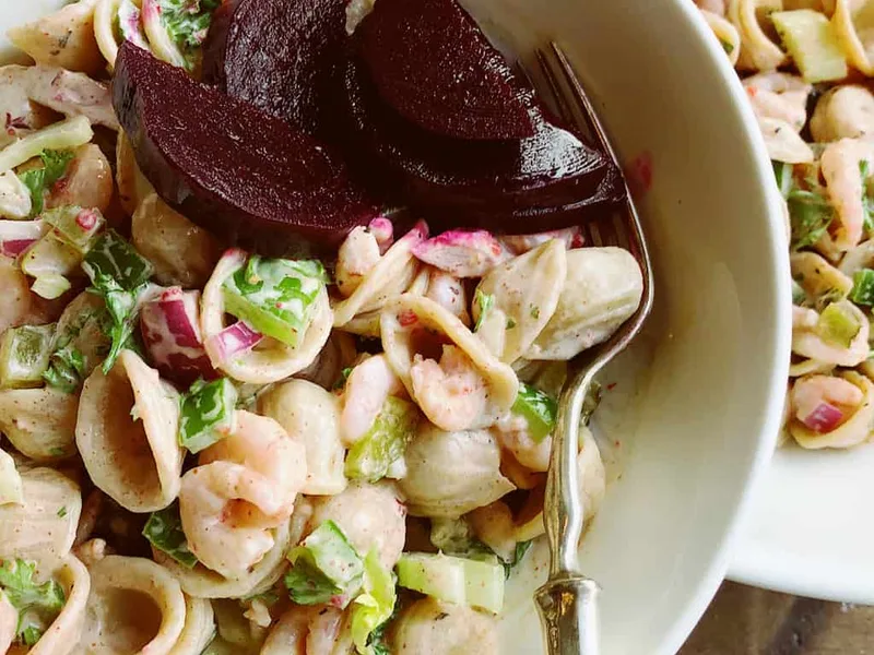 Classic Bay Shrimp Pasta Salad with Celery and Sweet Pickles