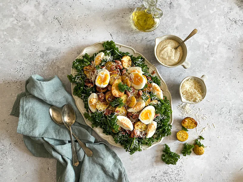 Roasted Potato & Kale Caesar Salad with Crispy Bacon