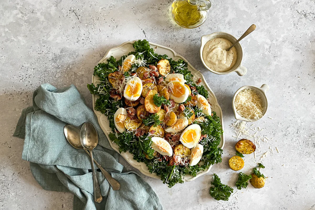 Roasted Potato &amp; Kale Caesar Salad with Crispy Bacon | EasyCook
