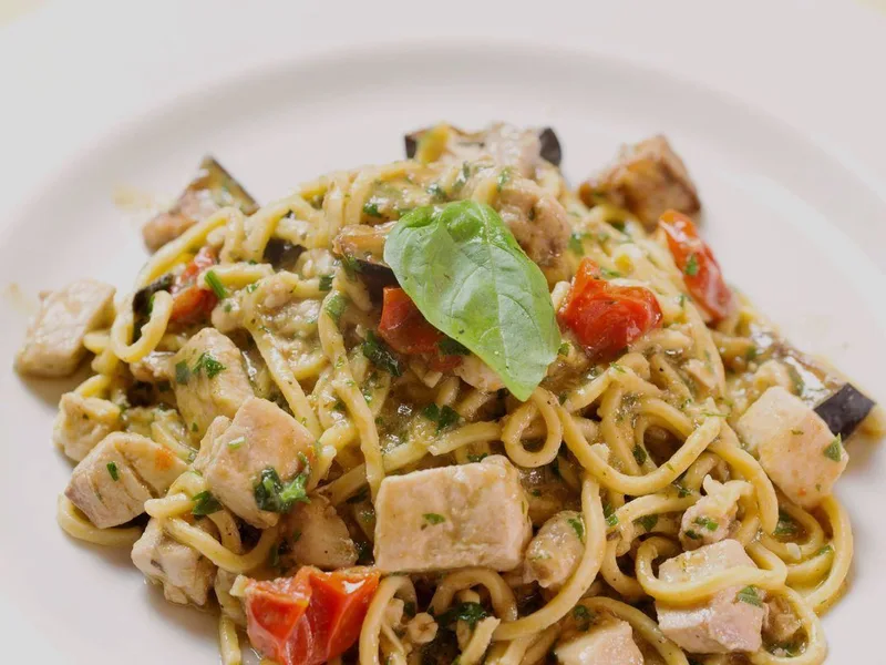 Pasta with Swordfish and Fried Eggplant