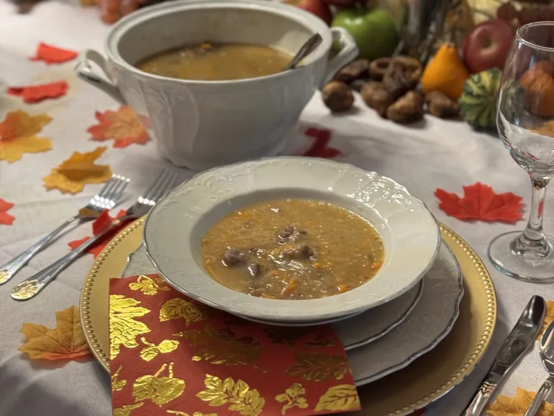 Blended Roasted Vegetable and Meat Soup with Sweet Potato