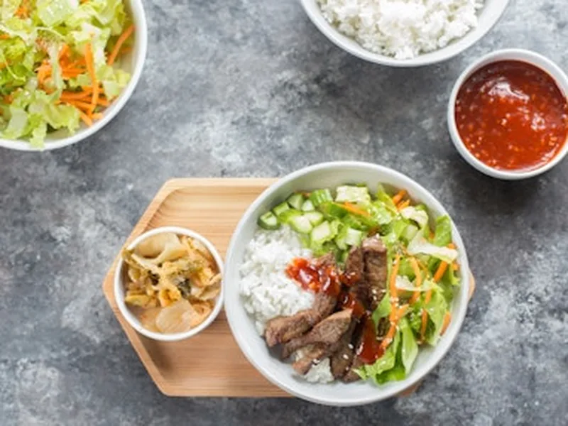 Korean BBQ Platter with Sesame Cauliflower Rice and Pickled Vegetables