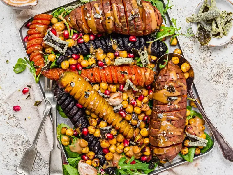 Hasselback Sweet Potato and Chickpea Traybake with Tahini