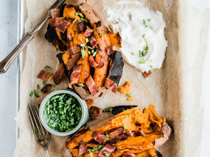Perfectly Baked Sweet Potatoes with Crispy Bacon and Chives
