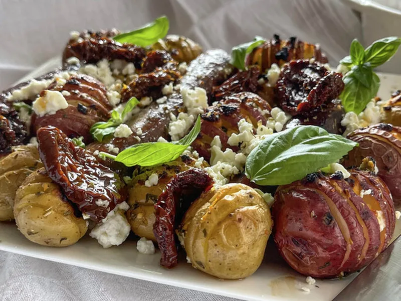 Greek Sausage and Hasselback Feta Potatoes
