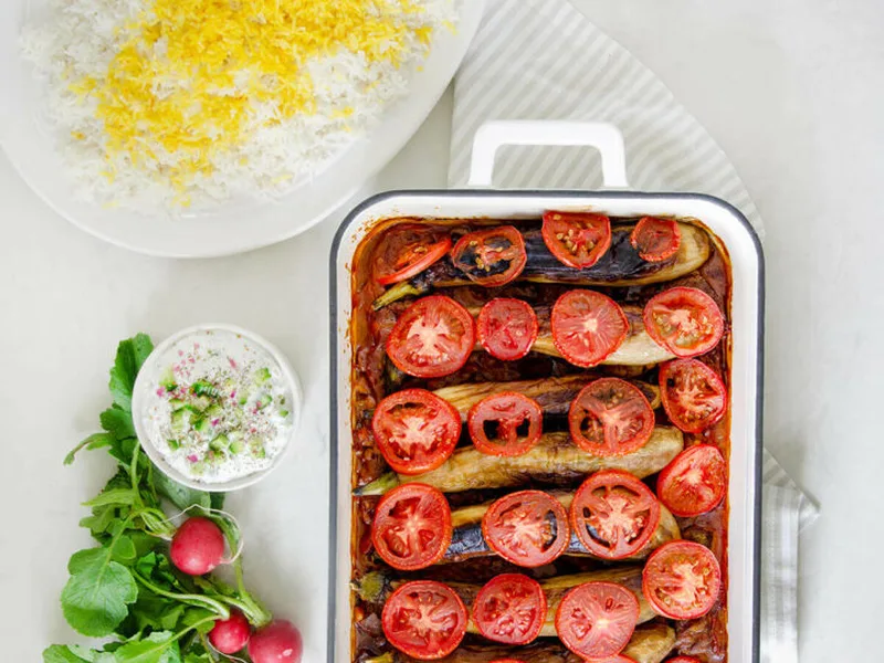 Persian Eggplant Stew with Beef and Split Peas (Khoresh Bademjan)
