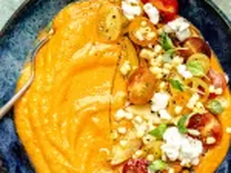 Sweet Corn and Peach Gazpacho with Roasted Red Peppers