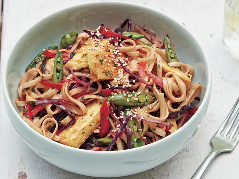 Spiced Udon Noodles with Crispy Tofu and Steamed Vegetables