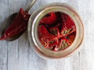Spiced Pickled Red Chili Peppers in Mustard Oil