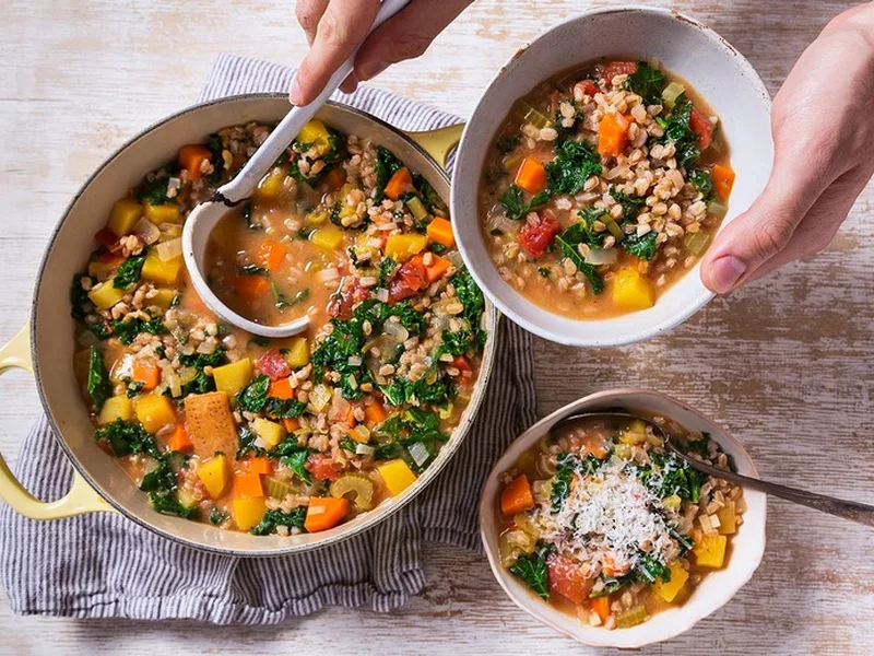 Creamy Kale and Farro Soup with Butternut Squash