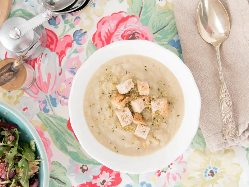 Celery Root Pear Soup with Crispy Herb Croutons