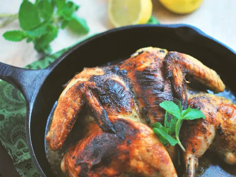 Spatchcocked Roasted Chicken with Fresh Mint Garlic Marinade