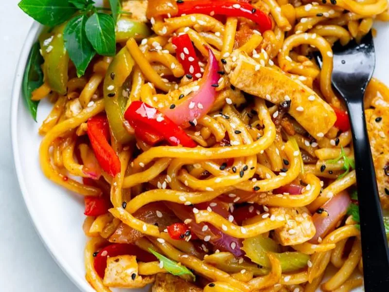 Pan-Fried Tofu Udon Stir Fry with Chili Sambal