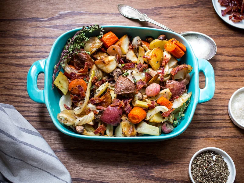 Roasted Potato and Vegetable Hash with Bacon and Thyme