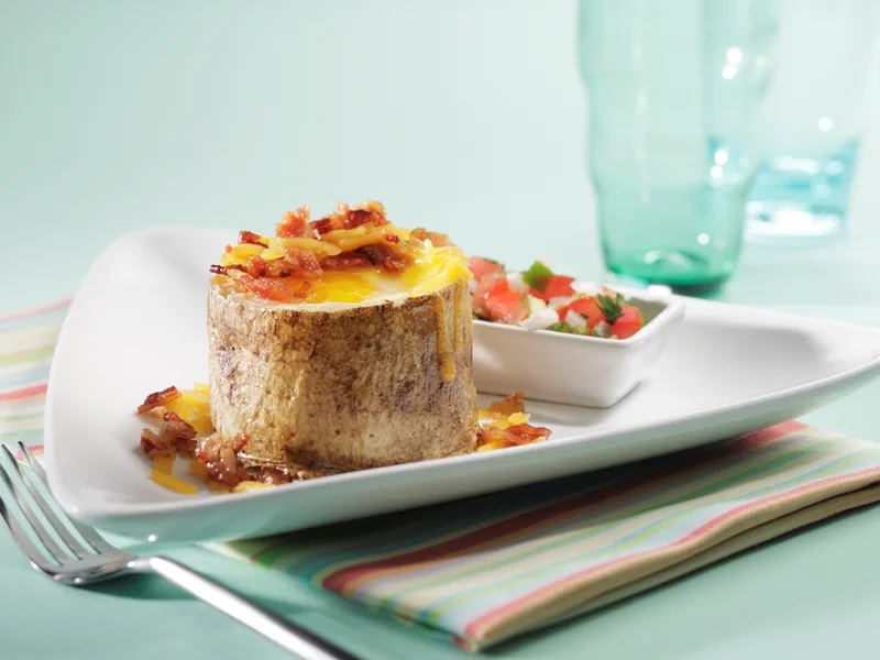 Baked Idaho Potato Breakfast Bowl with Eggs and Bacon