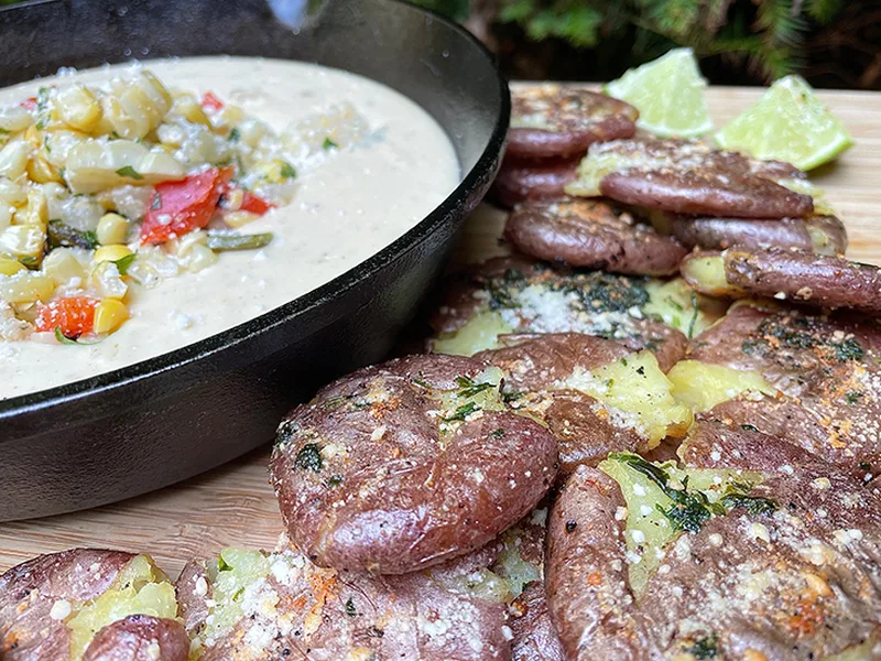 Elote Queso and Crispy Smashed Potatoes with Poblano Peppers