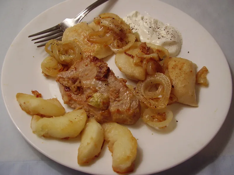 Pan-Seared Pork Chops with Apple-Onion Pierogies