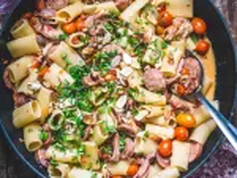Creamy Tomato Sausage Rigatoni with Toasted Almonds