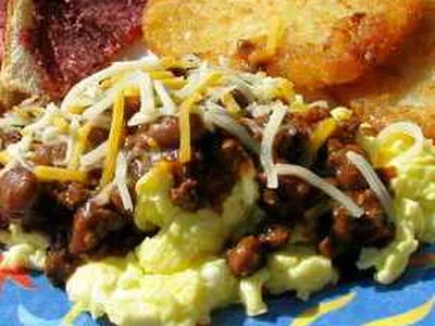 Chili-Cheese Scramble with Beef and Beans
