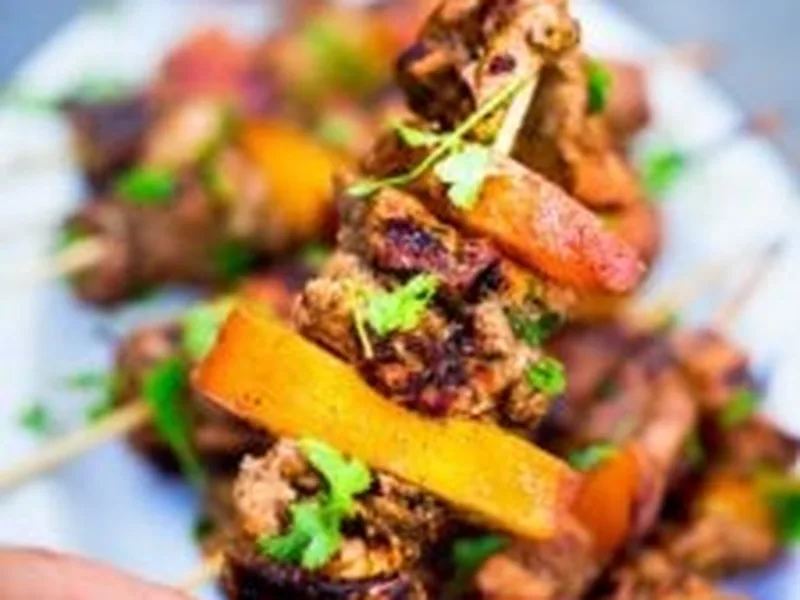 Grilled Jerk Chicken and Peach Skewers with Scotch Bonnet