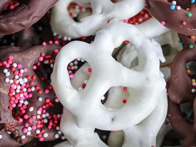 Trio of Chocolate-Covered Pretzels with Peanut Butter, Yogurt, Caramel