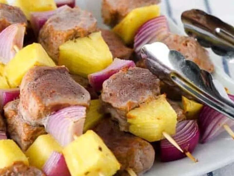 Sriracha-Cashew Pork Skewers with Pineapple