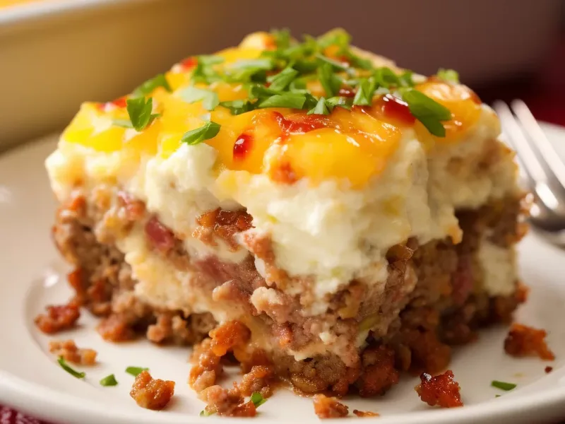 Loaded Mashed Potato Meatloaf Casserole with Bacon and Cheese