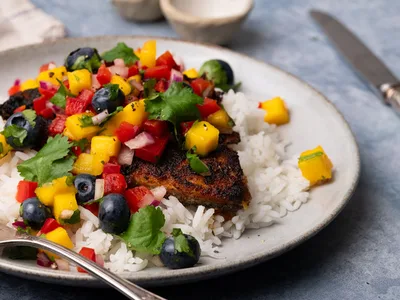 Blackened Pan-Seared Tilapia with Fresh Mango Blueberry Salsa