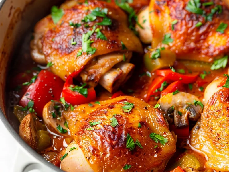 Dutch Oven Chicken Cacciatore with Bell Peppers and Mushrooms