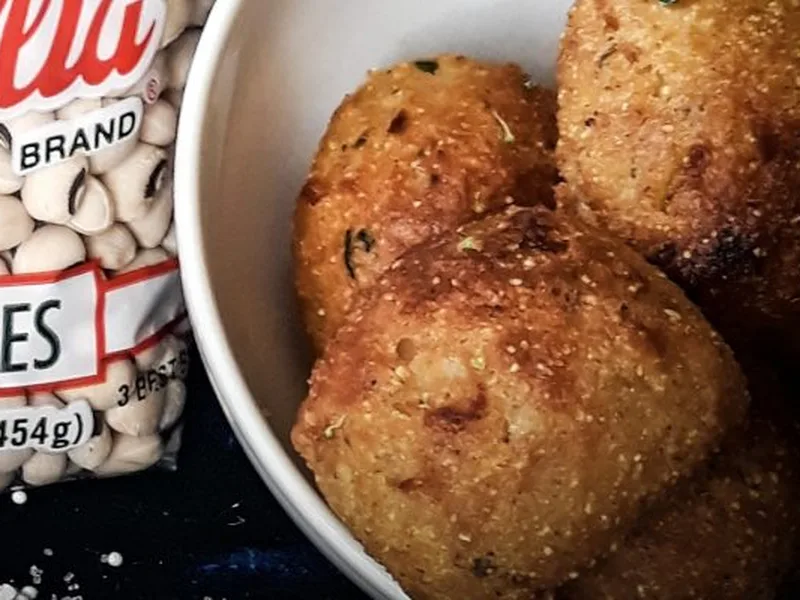 Crispy Blackeye Pea Fritters with Andouille and Rice