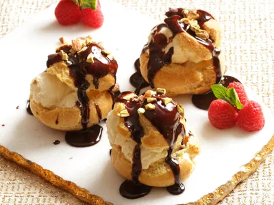 Classic Choux Profiteroles with Dark Chocolate Rum Sauce