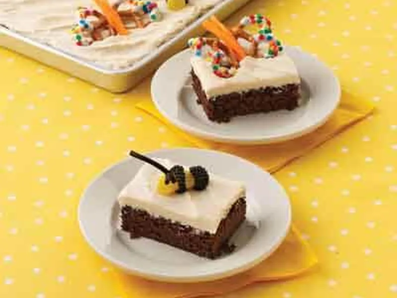 Chocolate Sheet Cake with Pretzel Butterflies and Gummy Bees