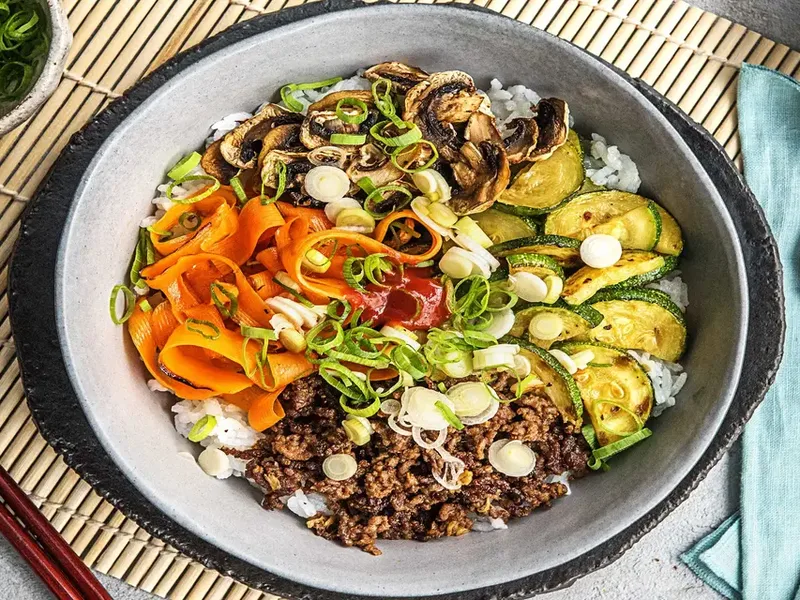 Korean Beef Bibimbap with Quick Pickled Vegetables