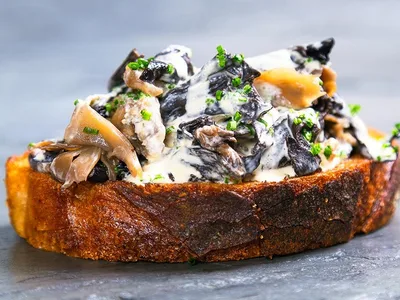Creamy Mushroom Blanquette Toast with Pickled Mushrooms