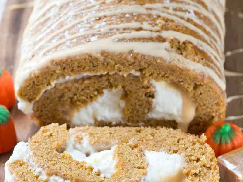Caramel Pumpkin Cake Roll with Cream Cheese Filling