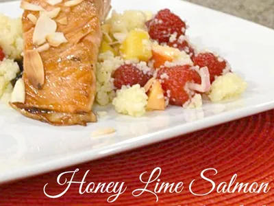 Honey Lime Salmon with Couscous and Blueberry Crisp