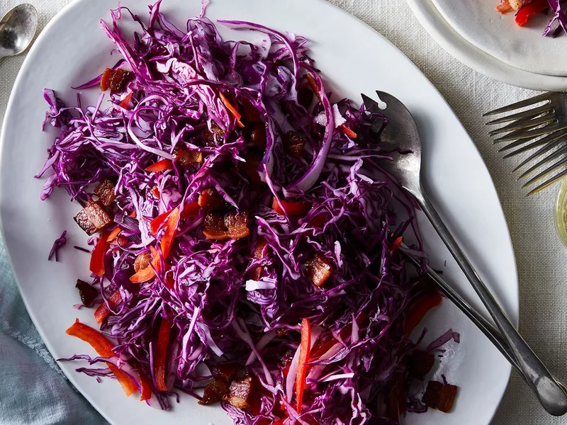 Red Slaw with Warm Bacon Dressing and Sherry Vinegar