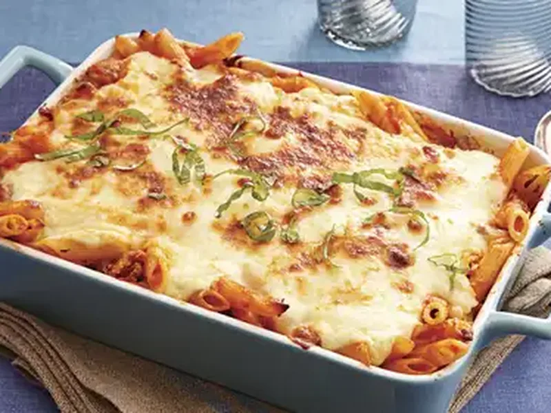 Baked Sausage and Penne with Three-Cheese Ricotta Topping