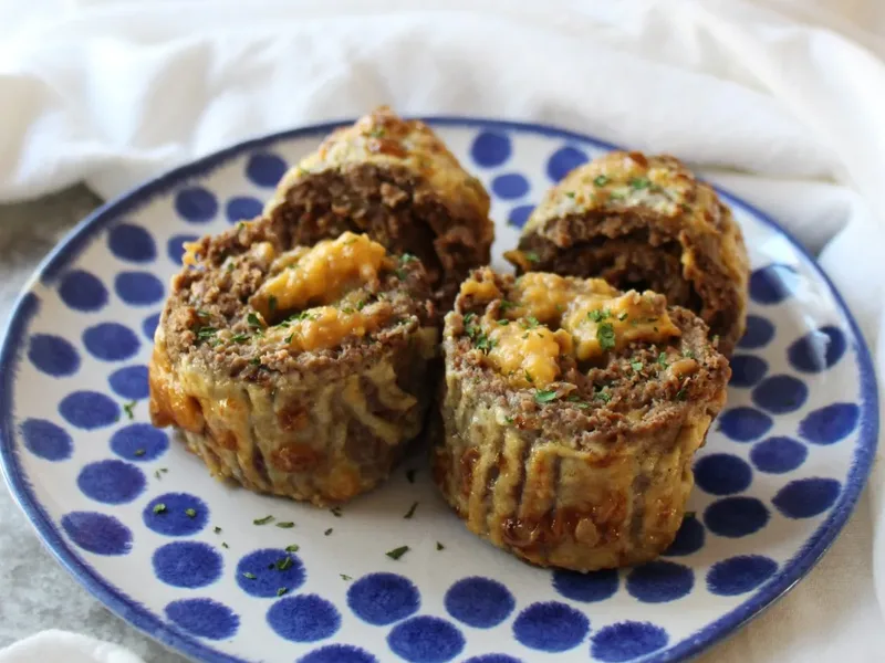 Keto Cheddar Stuffed Beef Meatloaf Roll with Dijon Mayo Glaze