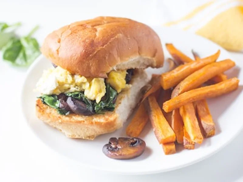 Bacon Mushroom Spinach Frittata with Sweet Potato Fries
