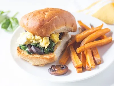Bacon Mushroom Spinach Frittata with Sweet Potato Fries