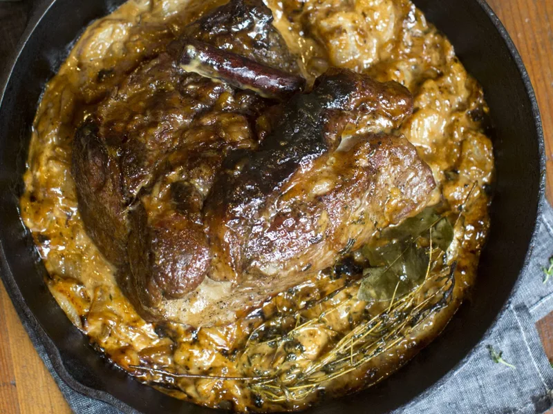 Braised Pork Shoulder with Pears and Shallots in Mead