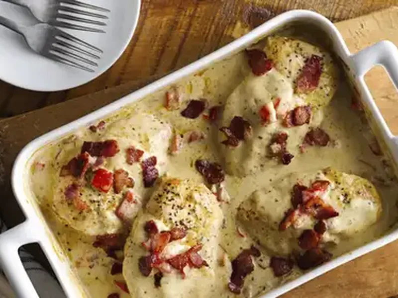 Creamy Bacon Pesto Chicken Bake with Bell Peppers