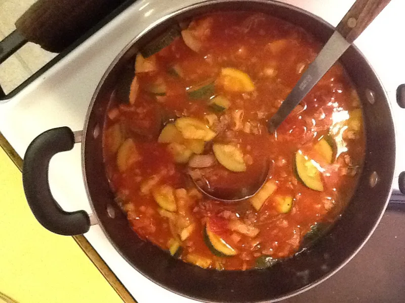 One-Skillet Beef and Zucchini Pasta with Tomato Broth