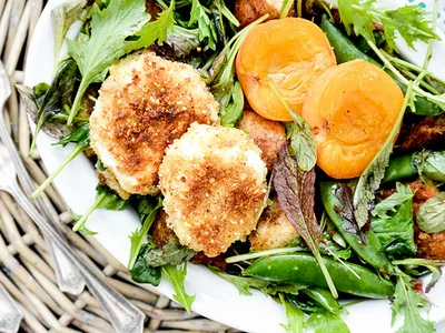 Crusted Goat Cheese Spring Panzanella with Roasted Apricots