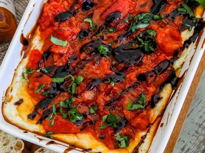 Baked Goat Cheese and Bruschetta Dip with Mozzarella