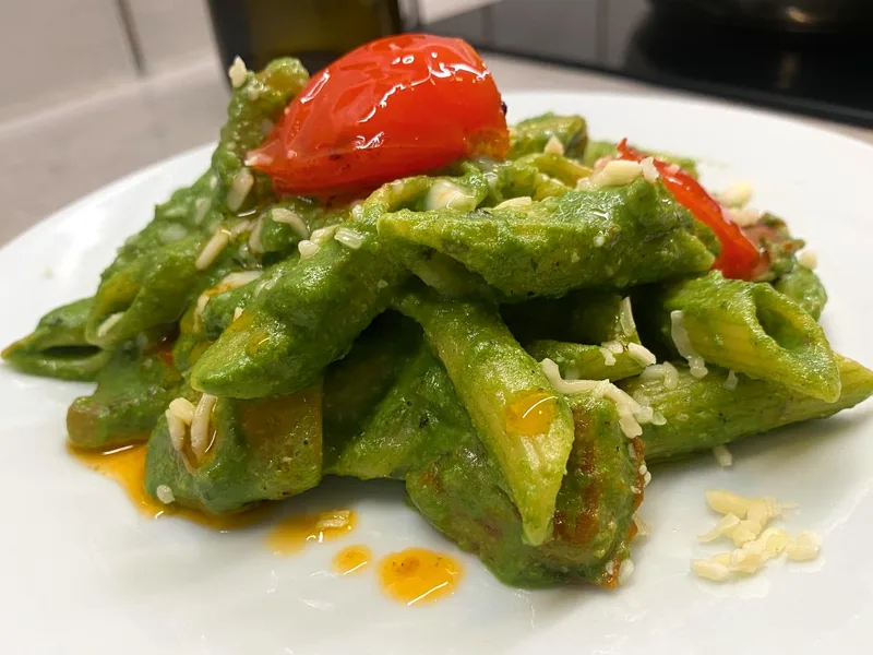 Penne with Spinach Pesto and Roasted Peanuts